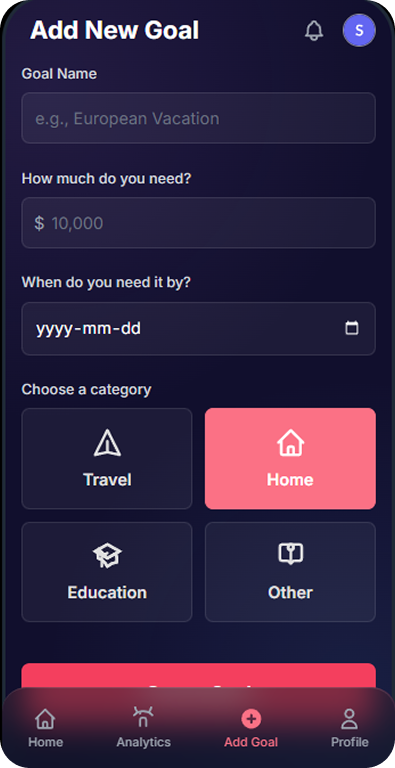LifeLas Add Goal Screen